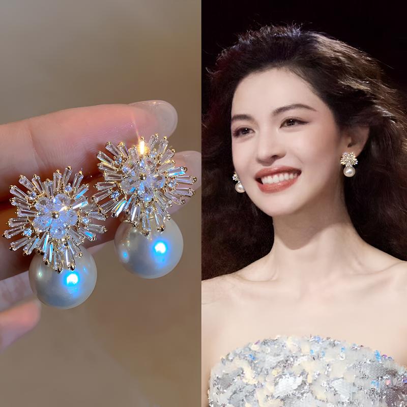 钛钢莫桑石耳饰 雪花珍珠耳环女简约时尚气质925耳钉轻奢夸张耳坠