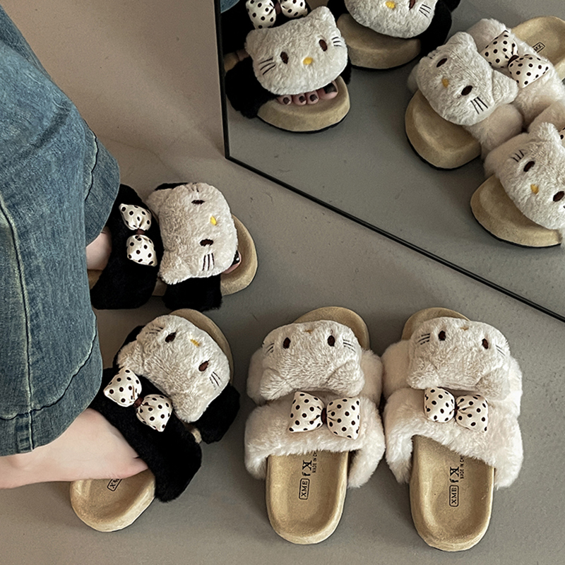 时尚复古卡通小猫咪毛毛拖鞋女款2025秋冬季新款家居碎花棉拖学生