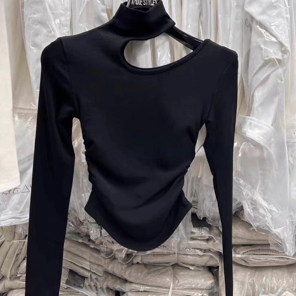 镂空半高领长袖t恤女秋冬季新款修身辣妹磨毛加绒打底衫内搭上衣