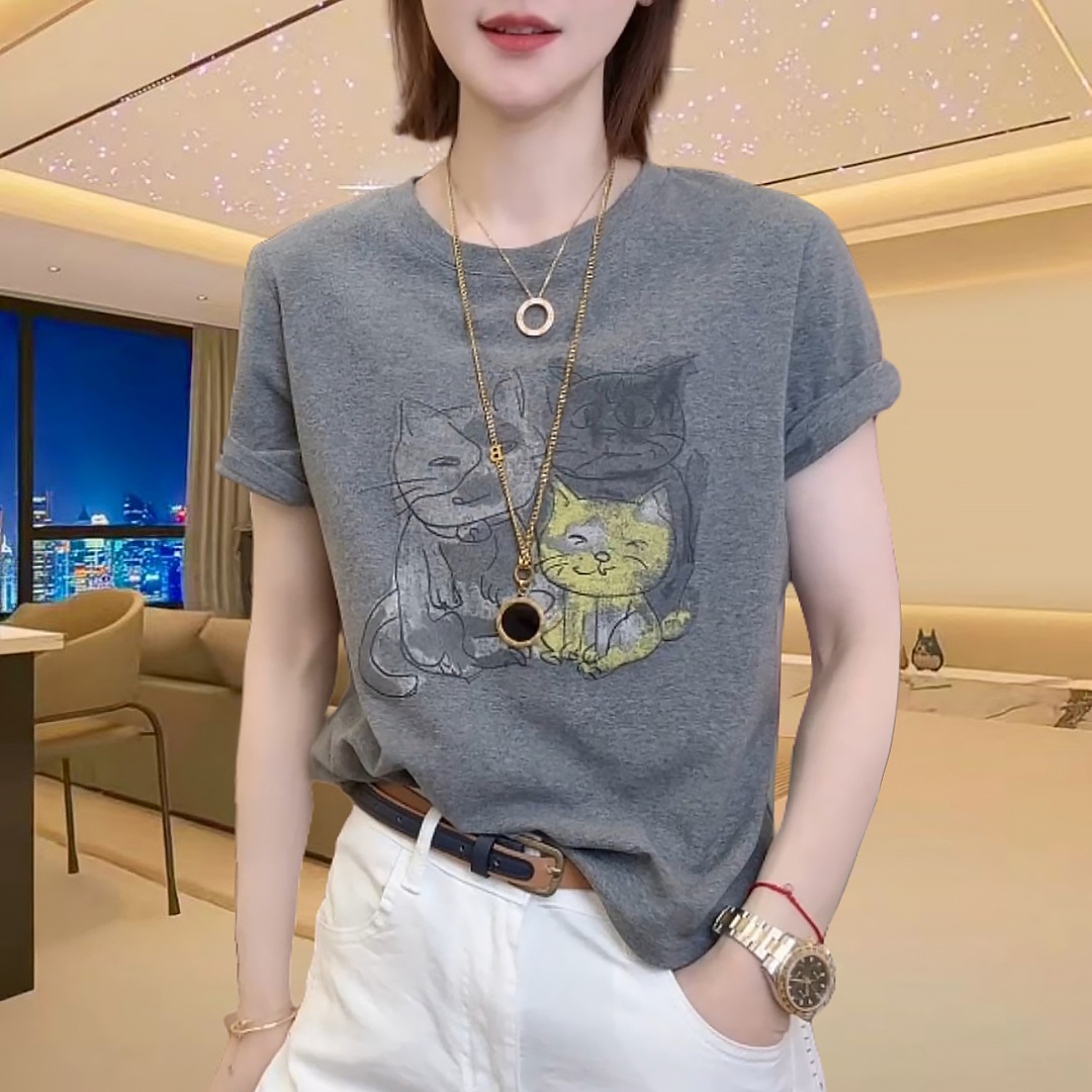 夏季宽松气质卡通猫咪印花圆领短袖T恤女2025新休闲时尚百搭上衣