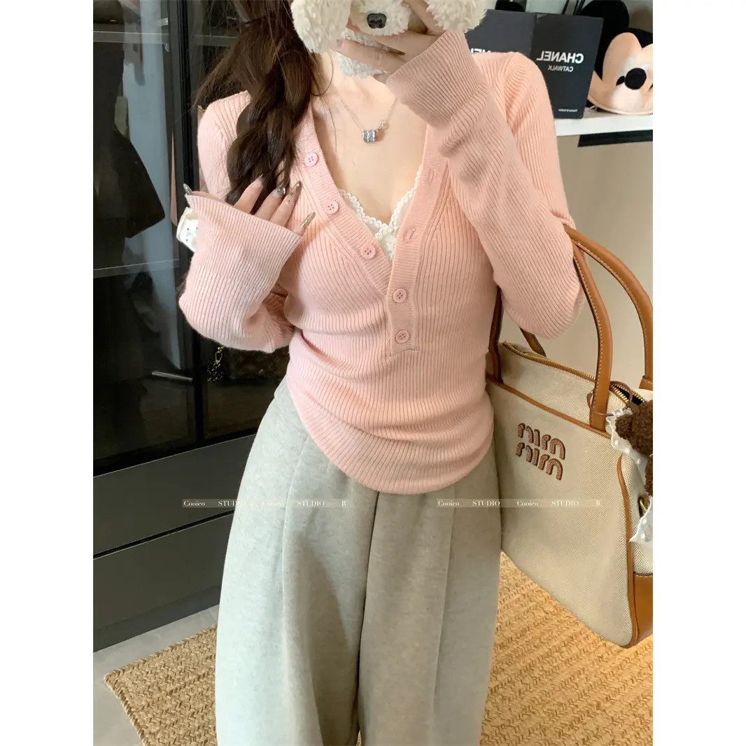 纯欲雾粉色v领长袖针织衫女秋冬季设计感小众修身显瘦打底衫上衣