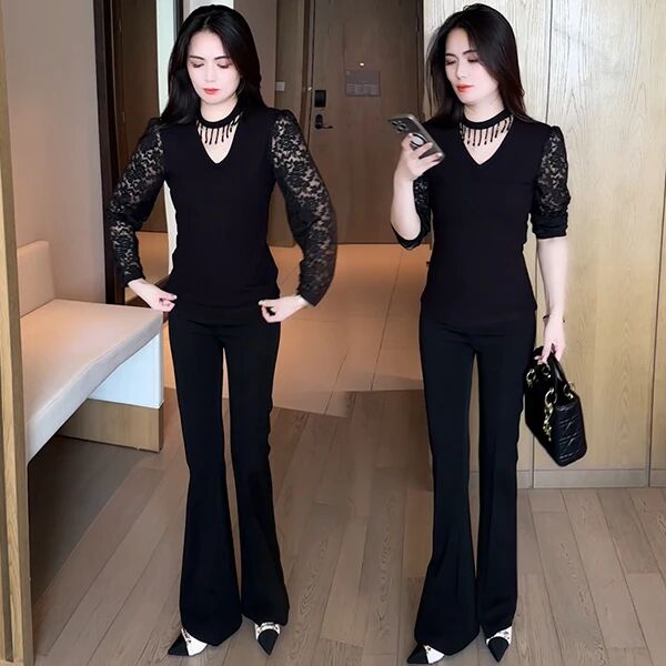 时尚套装女士秋季新款蕾丝拼接流苏长袖上衣高腰阔腿裤洋气两件套