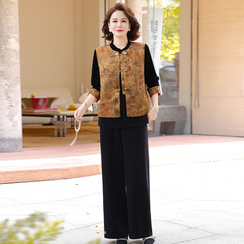 妈妈装秋冬季新中式国风三件套洋气国风中年修身显瘦大码百搭套装