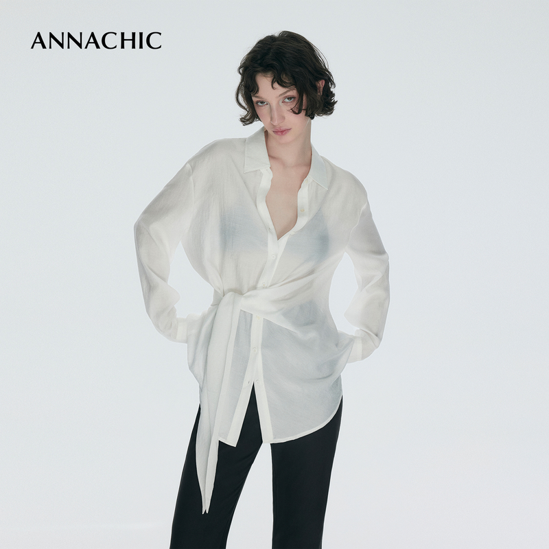 ANNACHIC设计感白色收腰绑带衬衣女夏季薄款防晒衬衫百搭显瘦上衣