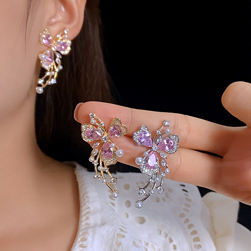 纯铜锆石耳饰 Z蝴蝶耳饰甜美风日韩长款植物花卉耳环气质饰品