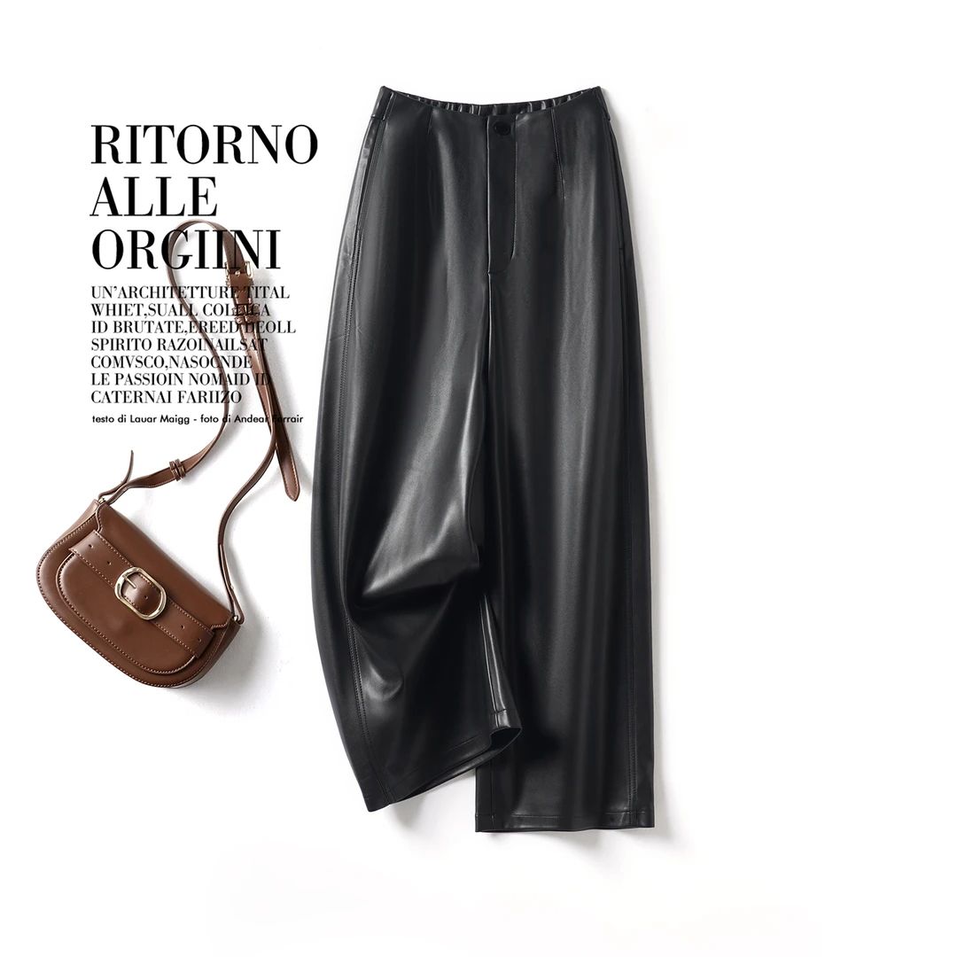 海宁真皮裤女2025秋冬新款薄绒时尚百搭直筒松紧高腰九分微阔腿裤