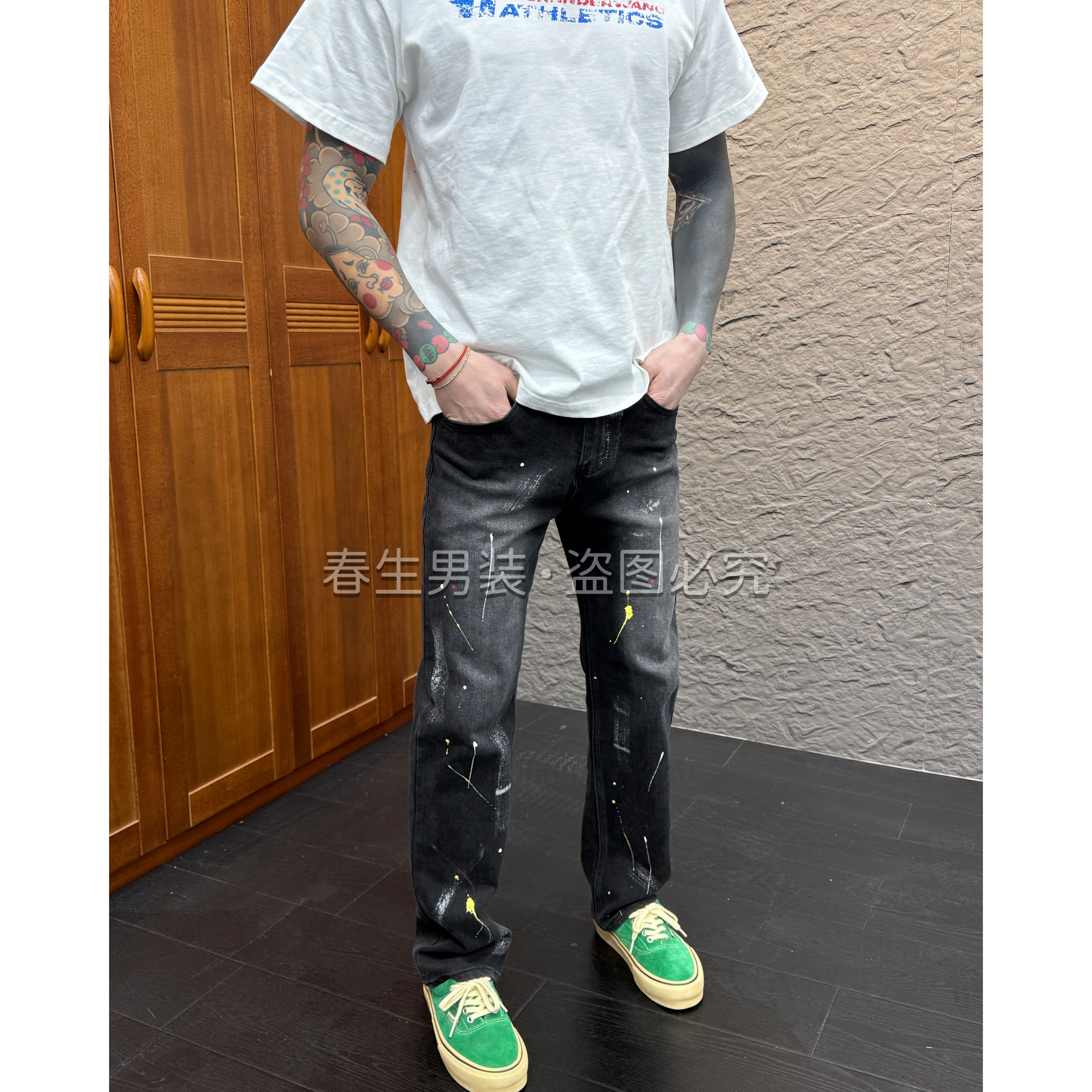 2025秋冬新款时尚休闲百搭直筒宽松泼墨男士弹力牛仔裤1958