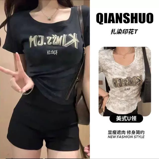 美式U领扎染显瘦圆领短袖