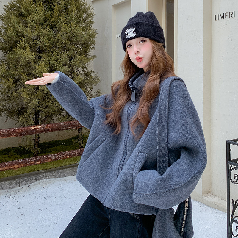 灰色短款小个子双面呢大衣女2025冬新款韩系休闲简约立领毛呢外套