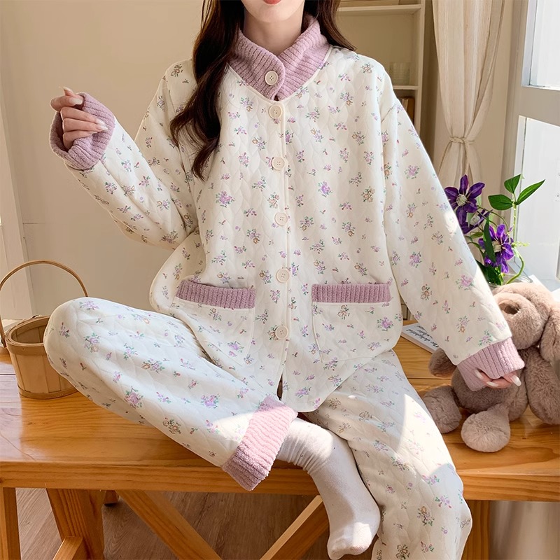 带胸垫月子服秋冬款加厚产后哺乳喂奶待产妇空气棉孕妇睡衣春秋季