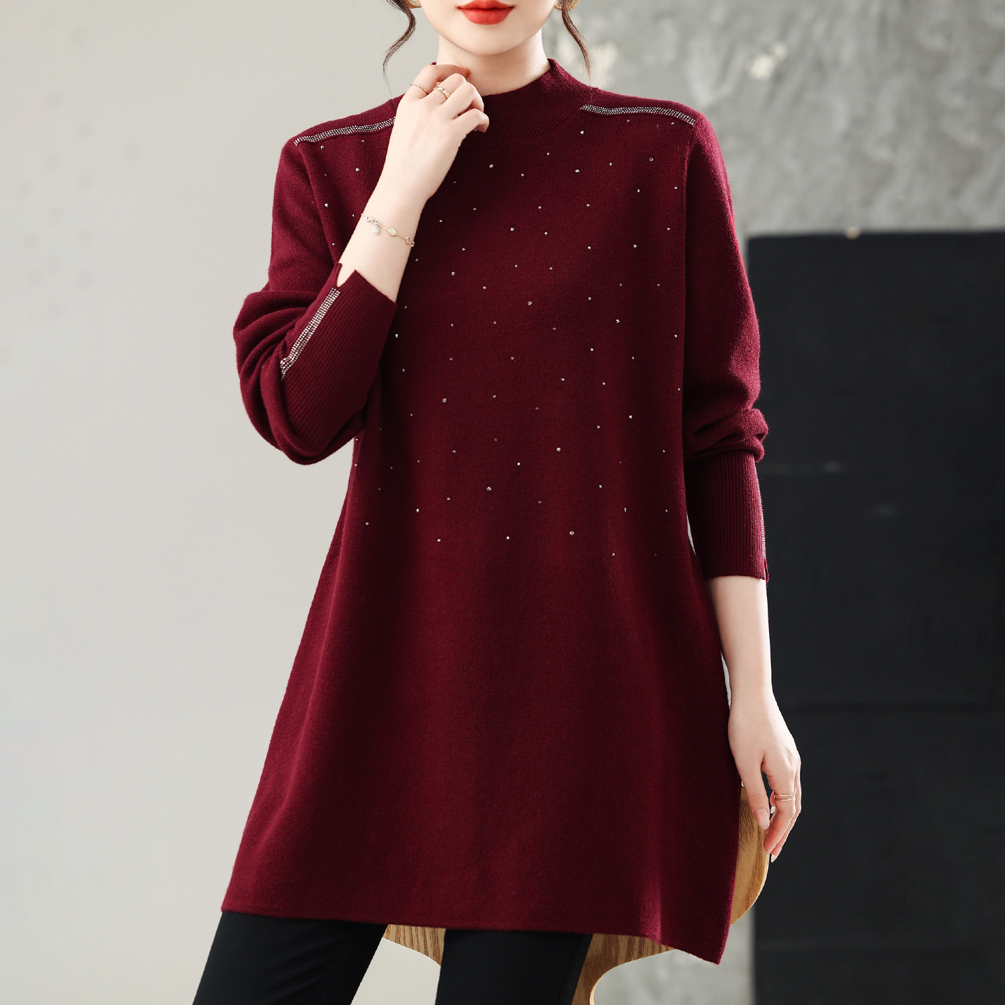 烫钻打底衫中长款秋冬内搭妈妈上衣气质减龄大码女装毛衣显瘦藏肉