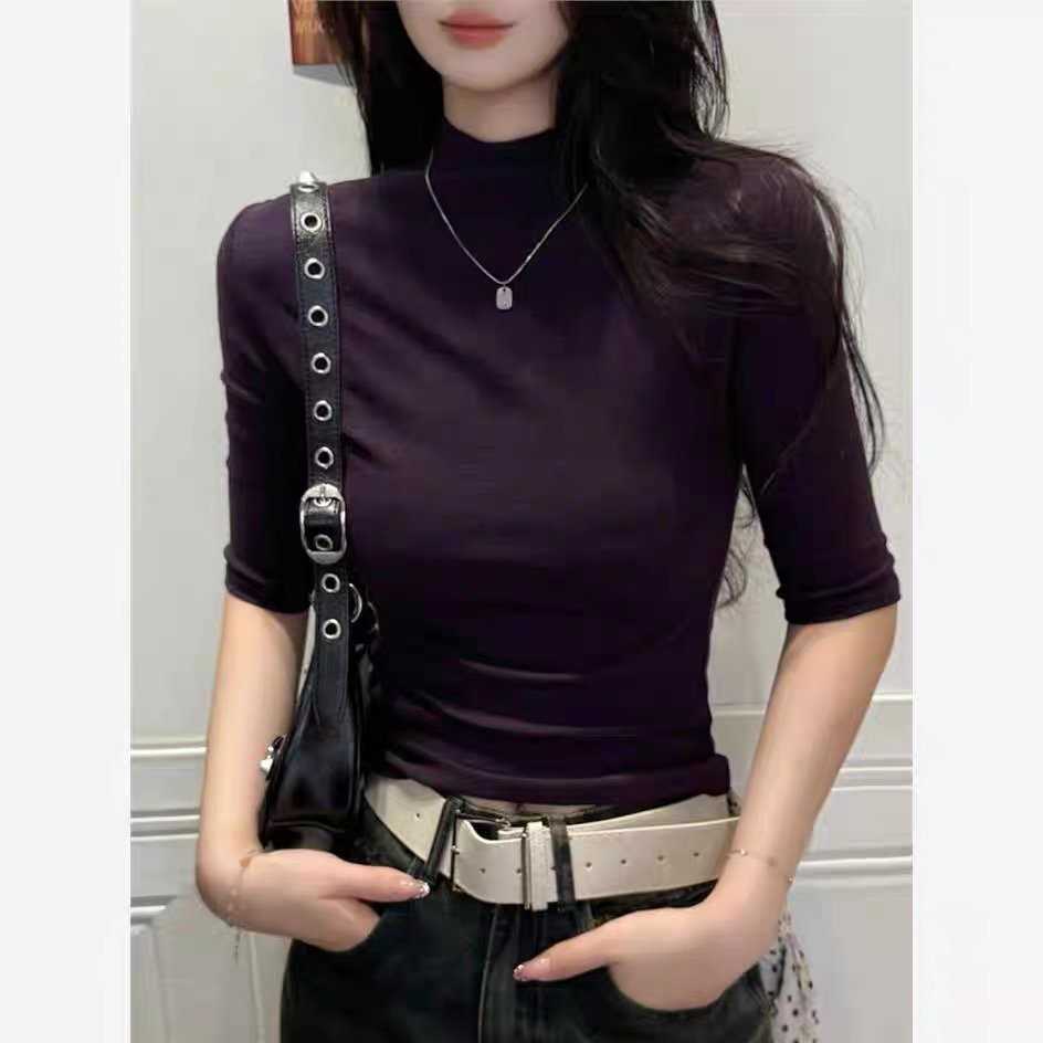 高品质螺纹半高领中袖ins春秋女修身打底T恤纯色秋冬时尚3D纯色