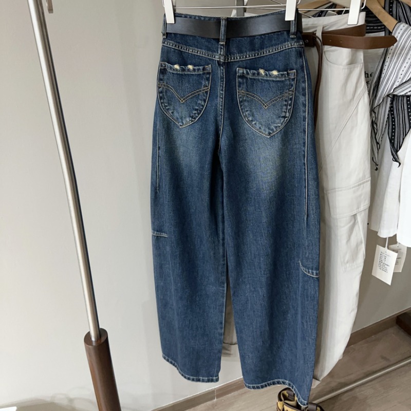 欧洲站秋季欧货高腰直筒侧压线口袋磨破做旧牛仔裤欧货长裤女裤子