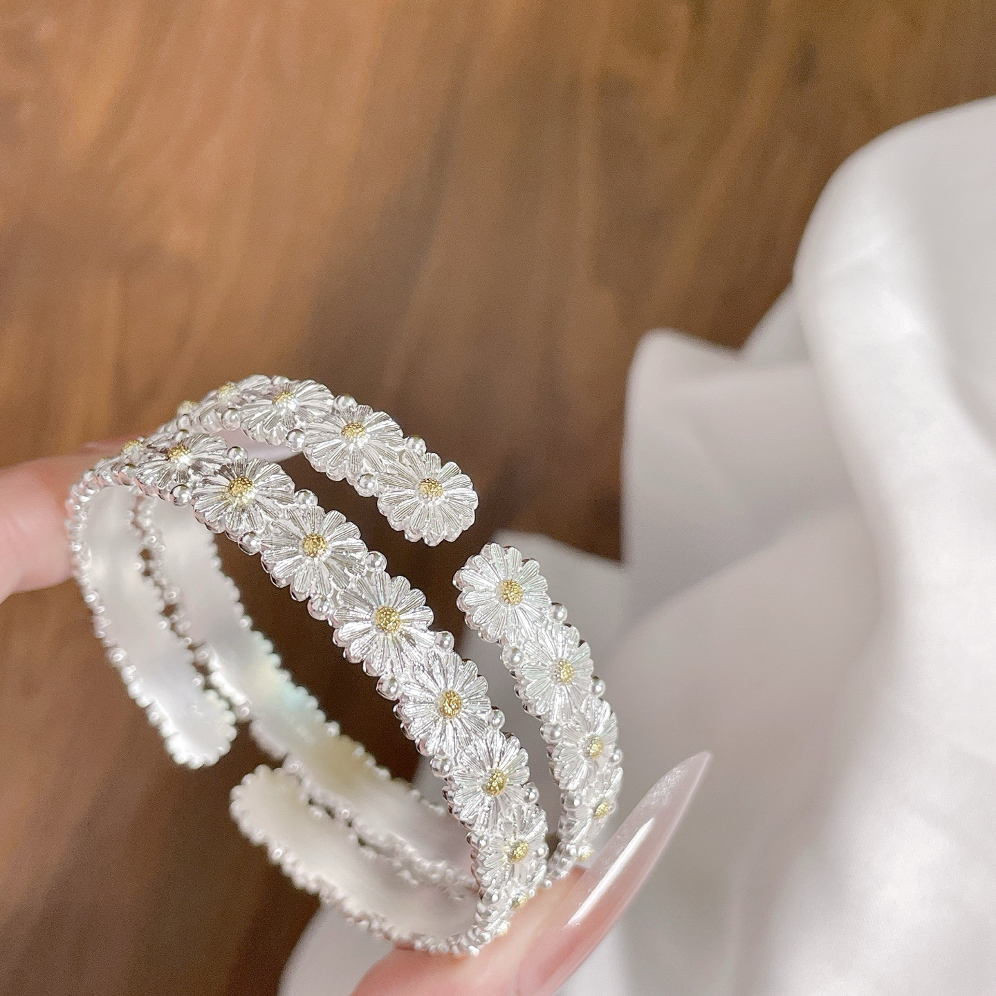 足银手镯 足银999.9 古法分色雏菊开口手镯约28.1g简约百搭气质