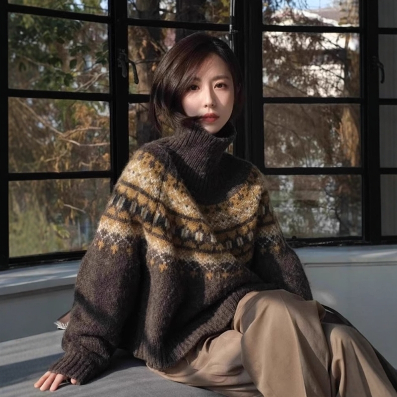 费尔岛提花高领毛衣女秋冬季加厚高级感咖色针织衫慵懒风软糯上衣