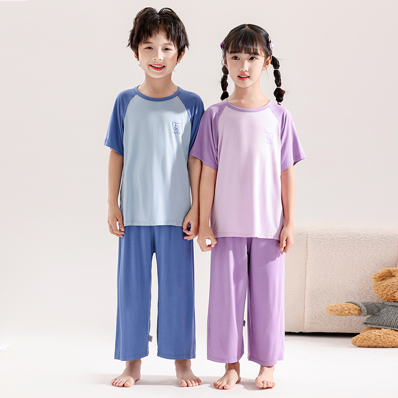夏季薄款儿童睡衣男女童中大童无骨插肩家居服休闲短袖冰凉空调服