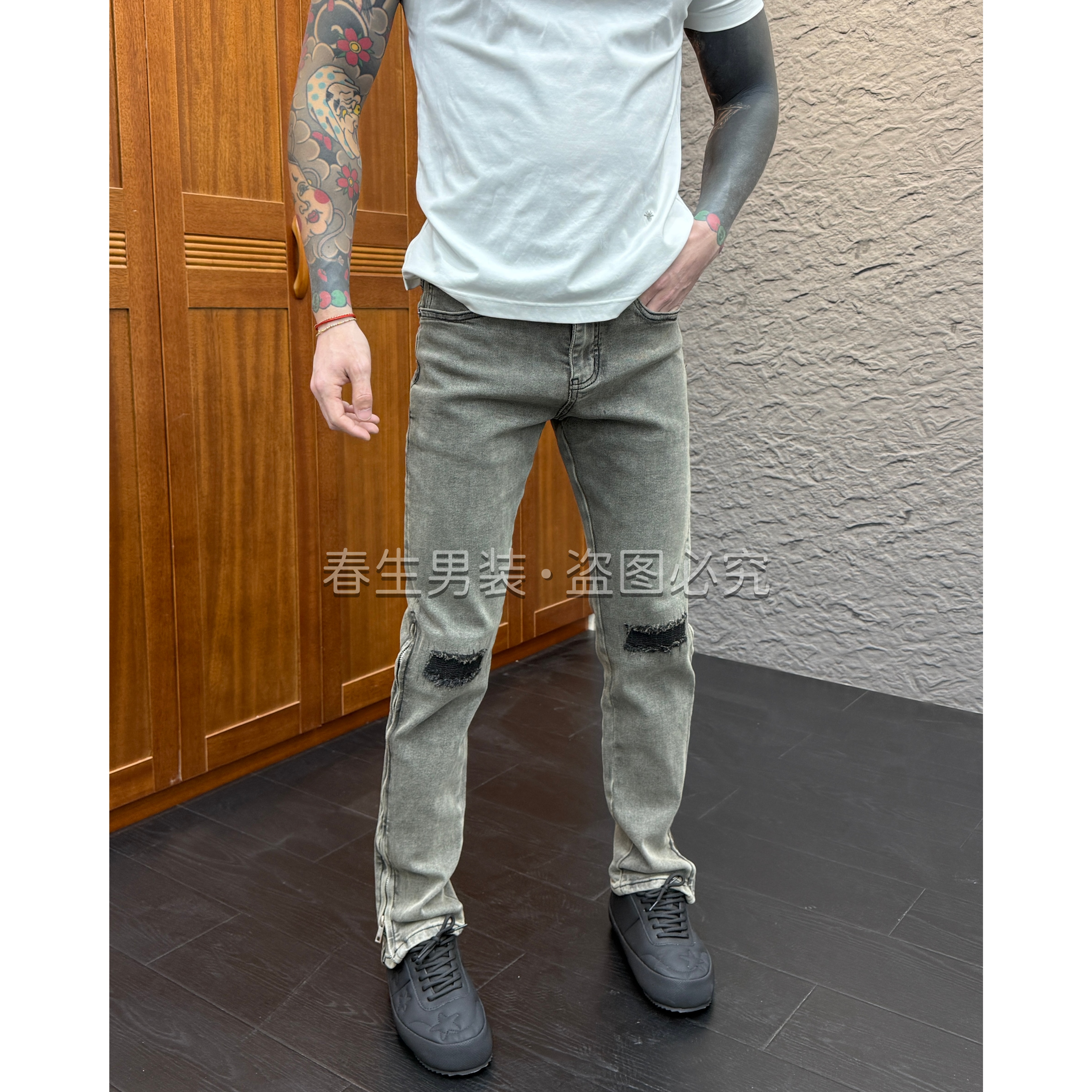 2025秋冬新品时尚休闲百搭裤脚拉链怀旧灰男士修身弹力牛仔裤2008