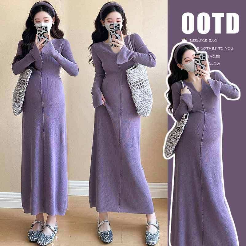 秋冬孕妇法式高级感气质紫色针织韩系显瘦毛衣内搭长款连衣裙