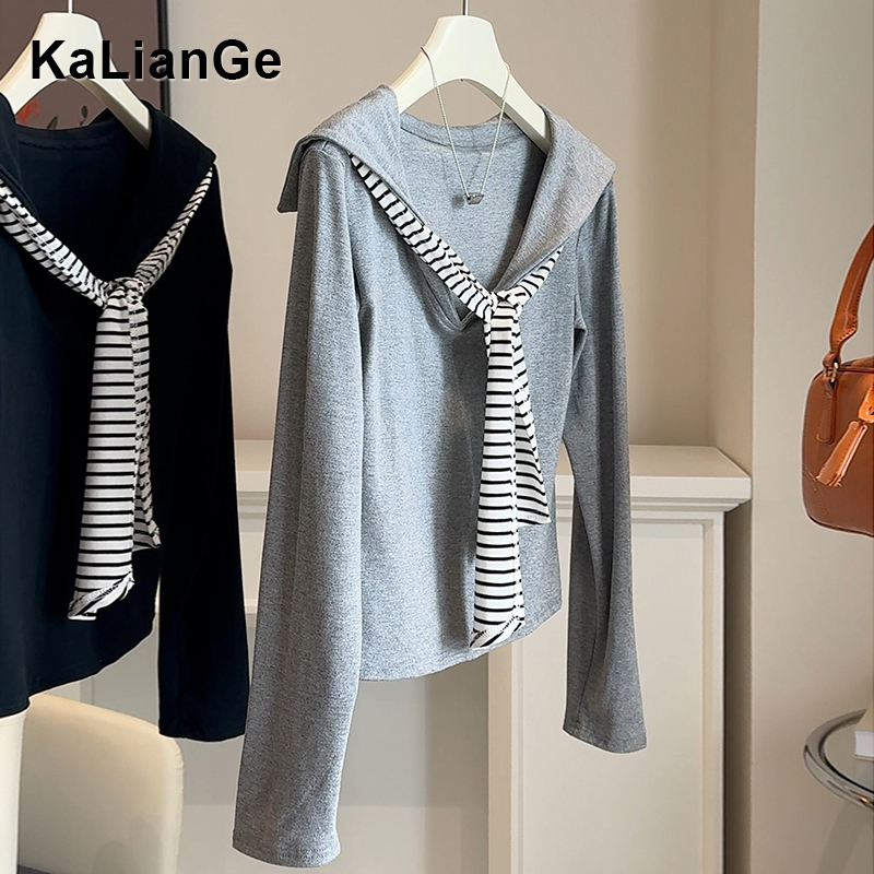 卡莲格/海军领条纹百搭长袖T恤女早秋季洋气设计感显瘦打底衫上衣