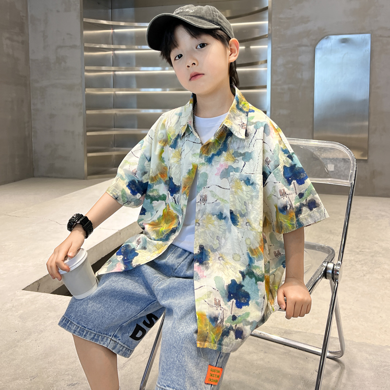 男童衬衫短袖夏季薄款2025中大童休闲韩版半袖洋气男孩儿童夏装潮