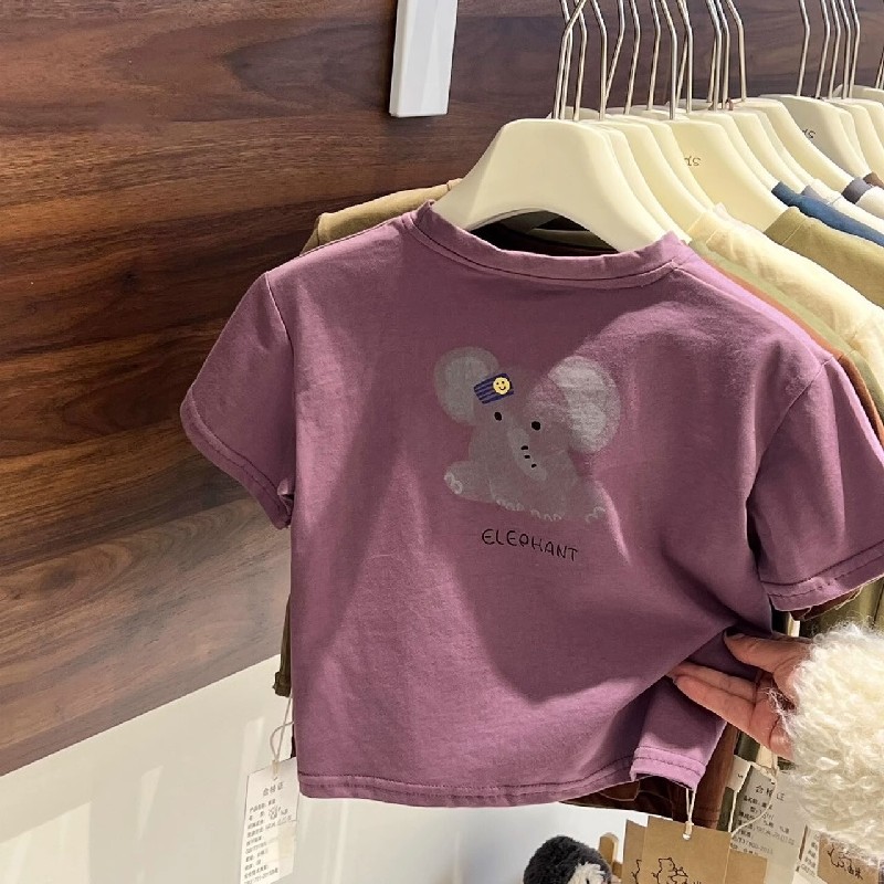 韩版儿童卡通紫红短袖T恤2025新款男童女童可爱小象印花百搭上衣