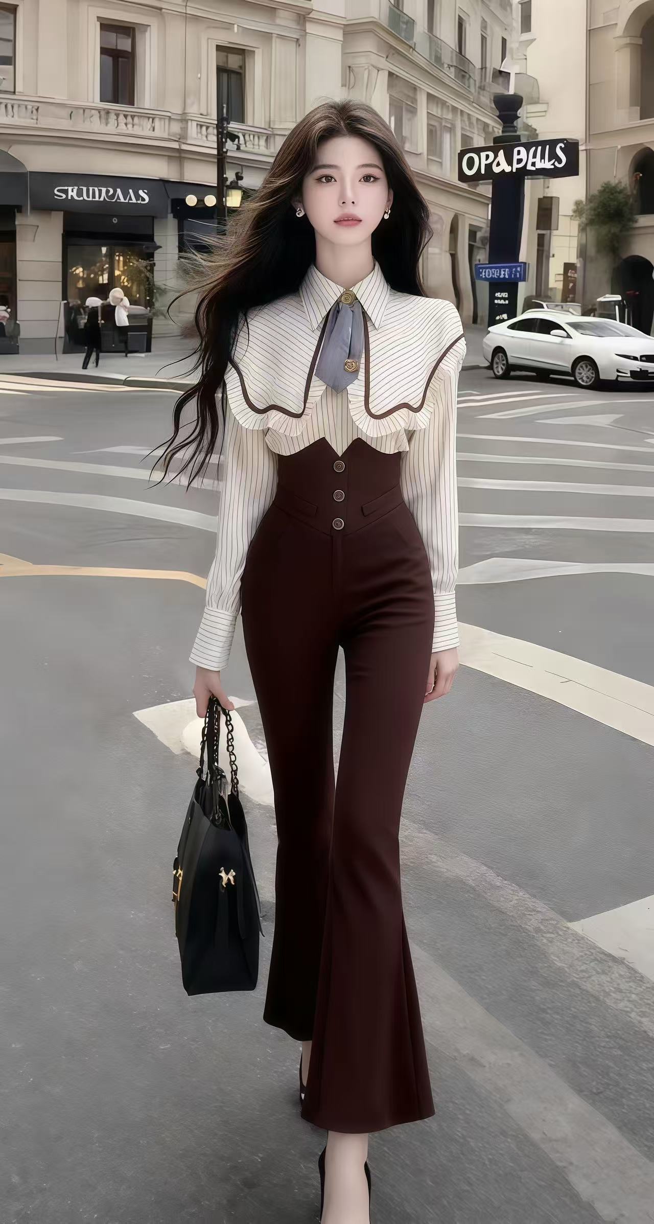 新款秋季休闲时尚别致设计感条纹上衣+咖色修身微喇长裤女两件套