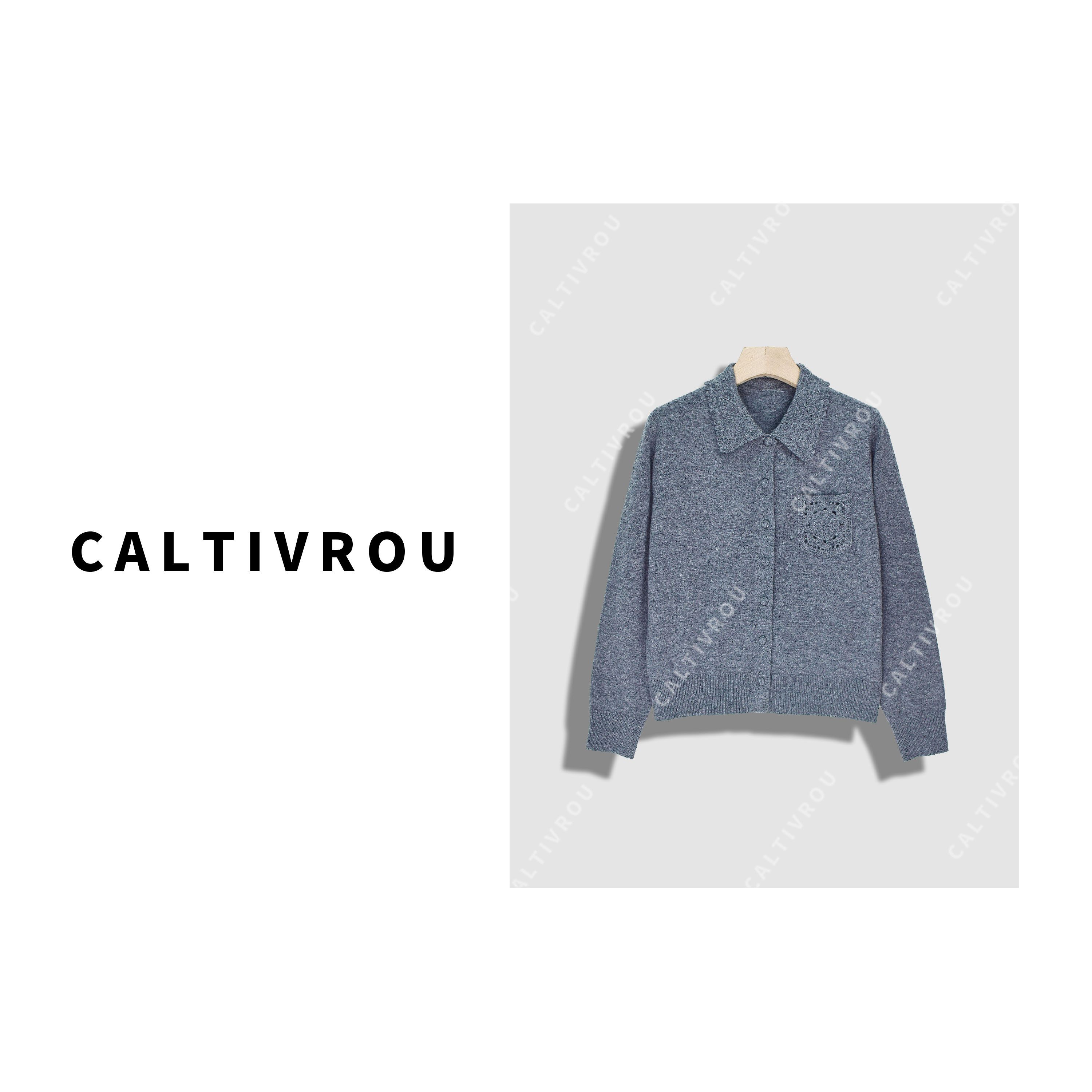 【阿紫】设计感重工钩花翻领显瘦百搭针织衫-Y20340