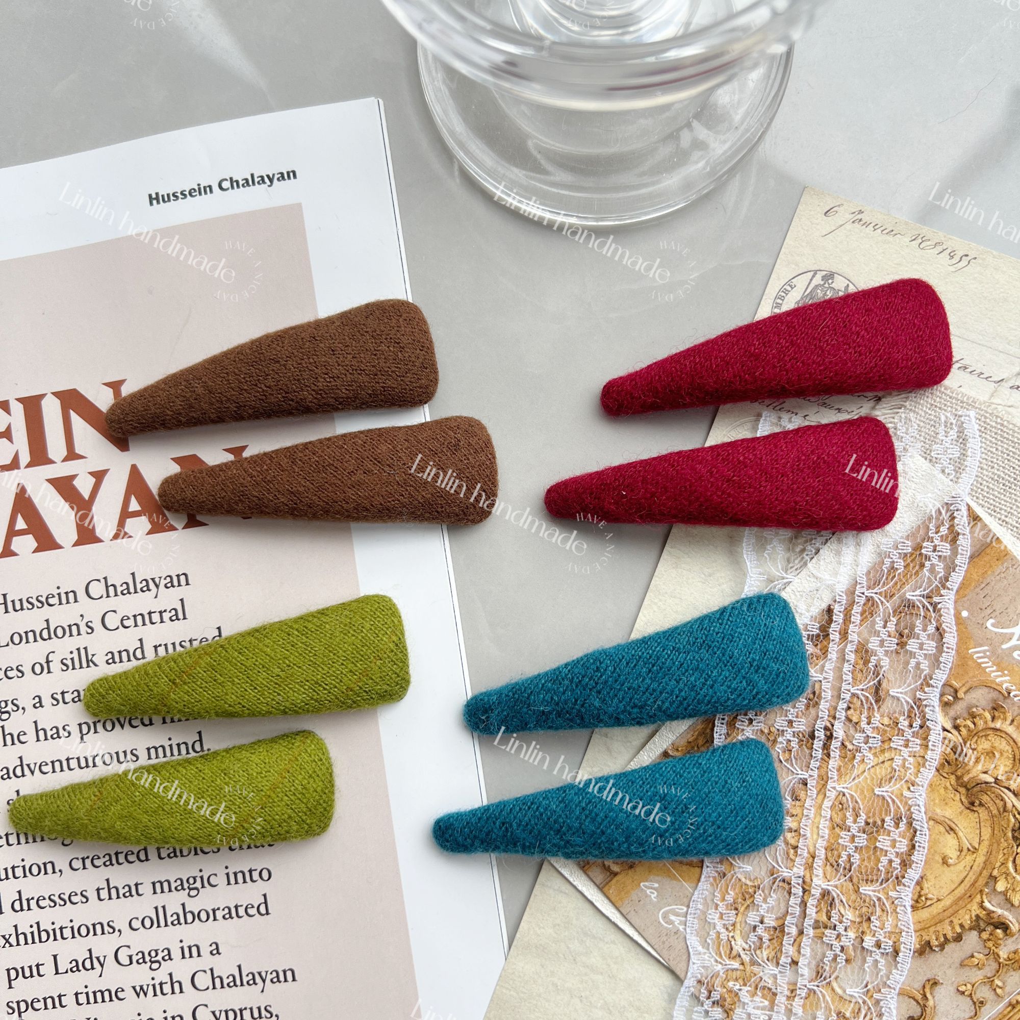 【纯色浪漫】秋冬复古毛呢边夹羊毛掰掰夹彩色纯色刘海夹气质测边夹