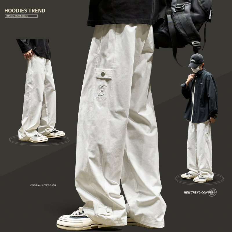 裤子男款秋冬款直筒宽松加绒白色休闲裤轻奢美式潮牌刺绣工装裤潮