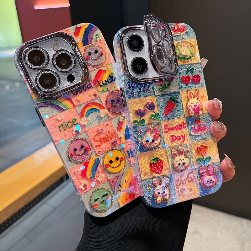 适用苹果iPhone16promax手机壳可爱油画兔子银灰色15pro闪粉镜头