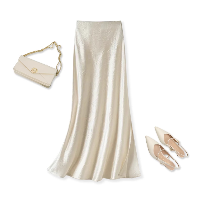 拉夏贝尔修身醋酸缎面长款一步裙高腰包臀鱼尾裙2025年新款半身裙