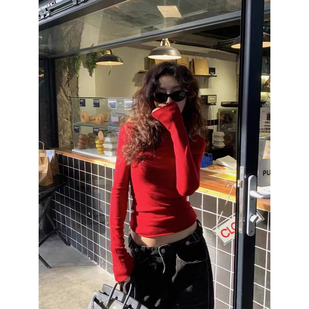 红色辣妹半高领修身长袖针织衫女2025春秋新款设计感内搭打底上衣