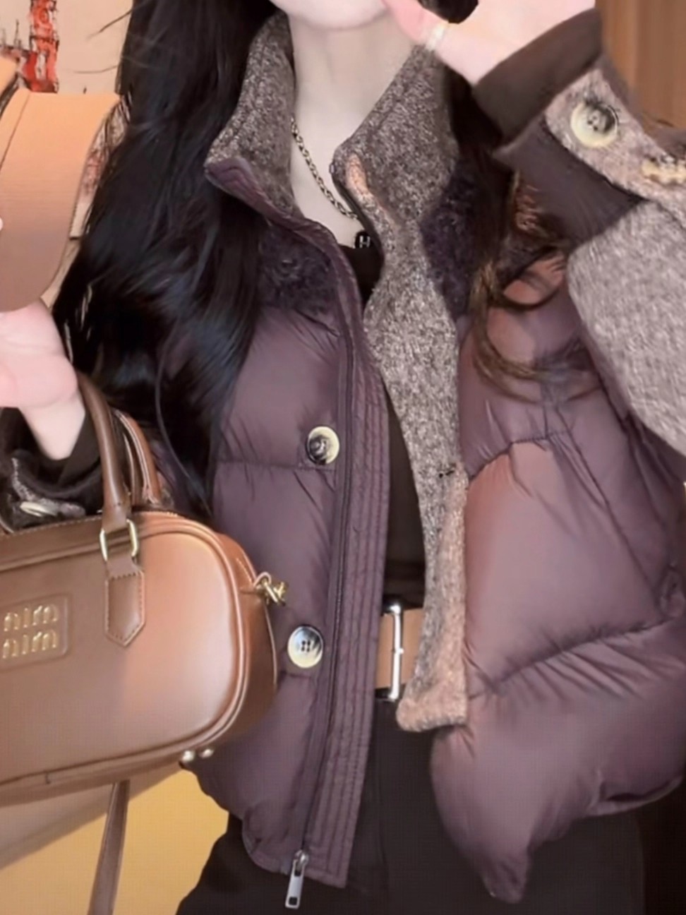 时尚复古立领拼接保暖棉服外套女2025冬季新款轻奢设计感百搭上衣