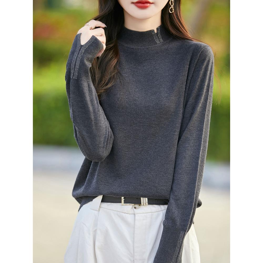 2025新款烫钻针织打底衫女半高领长袖套头保暖精纺羊毛内搭毛衣冬