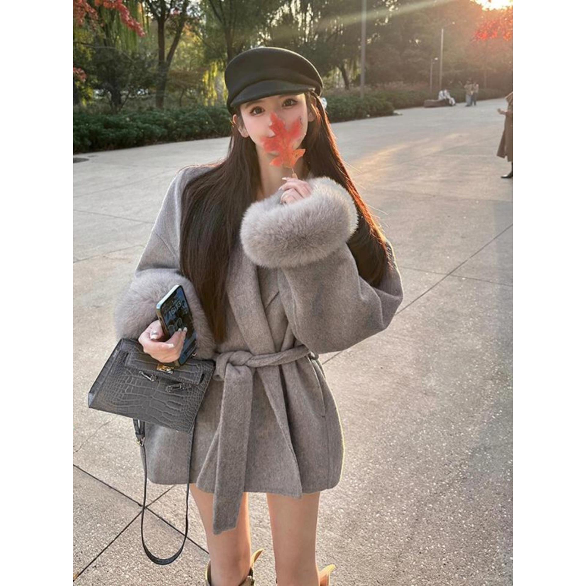 【万达撤柜】超大袖口双面大衣女2025冬季新款短款小个子羊毛呢外套