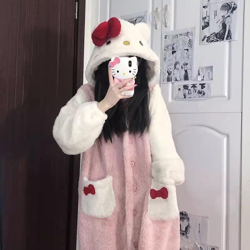 可爱凯蒂猫印花睡袍加厚珊瑚绒睡衣女冬款网红风2025年家居服睡裙
