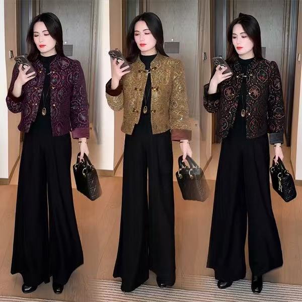 2025秋冬新款新中式穿搭时尚气质洋气国风提花夹棉加绒短外套103