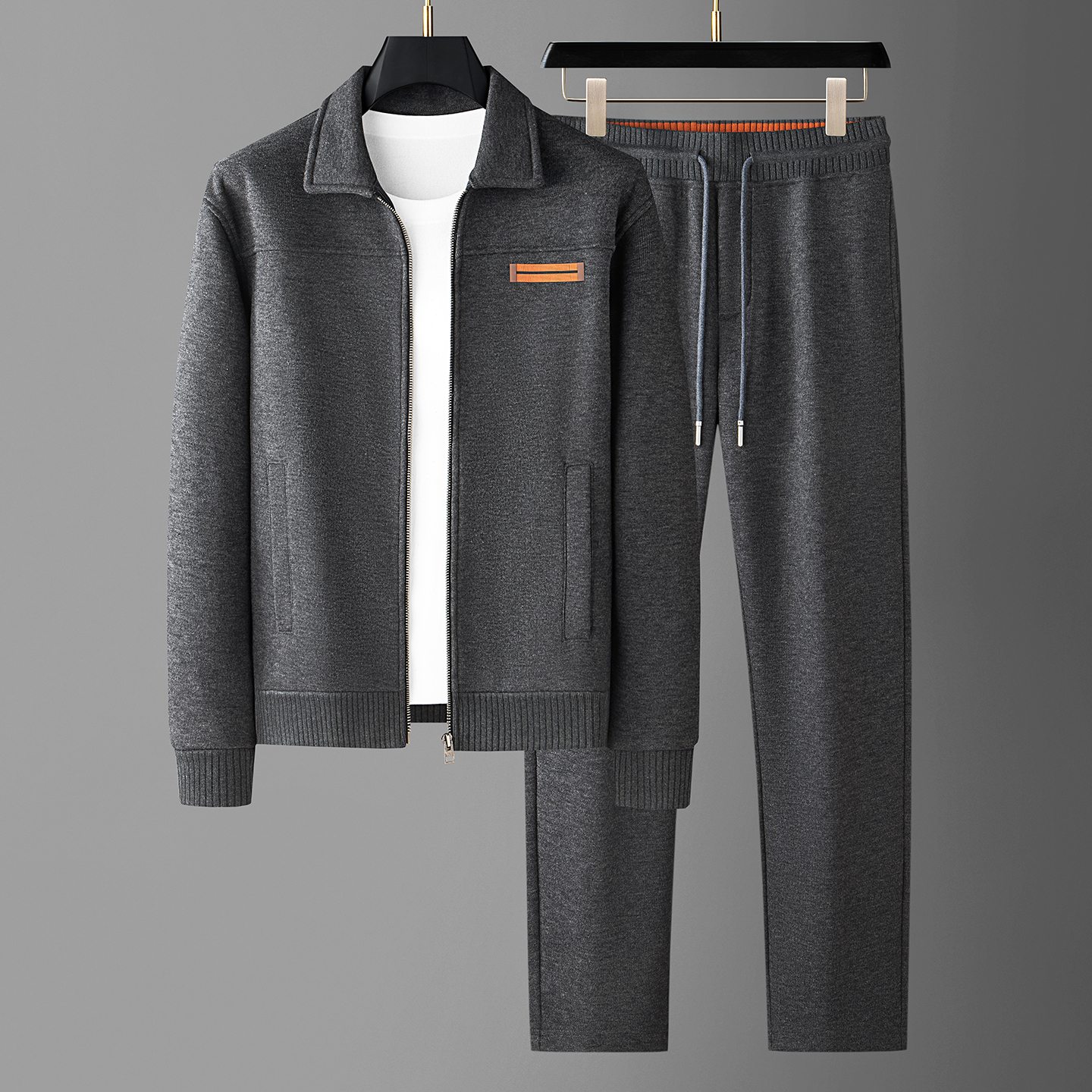 VENUIWON/温纽旺冬季保暖加绒厚羊毛呢两件套男开衫休闲运动套装