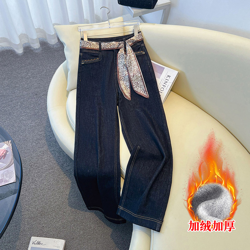 拉夏贝尔绣花直筒牛仔裤女秋冬季2025新款高腰加绒垂感宽松阔腿裤