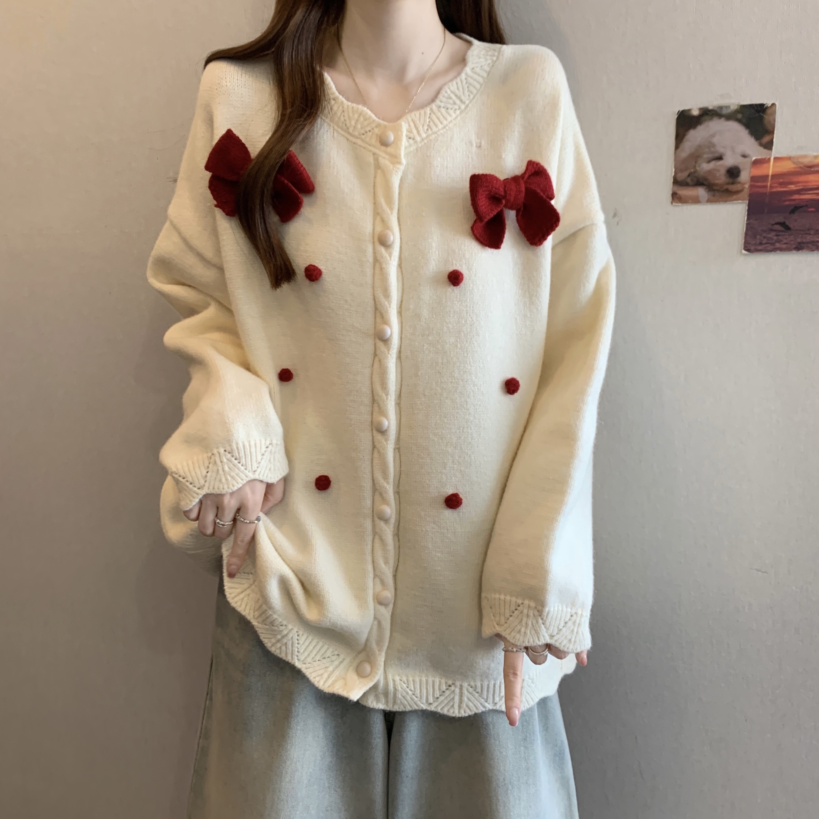 立体蝴蝶结针织开衫毛衣外套女秋冬2025大码女装宽松独特漂亮上衣