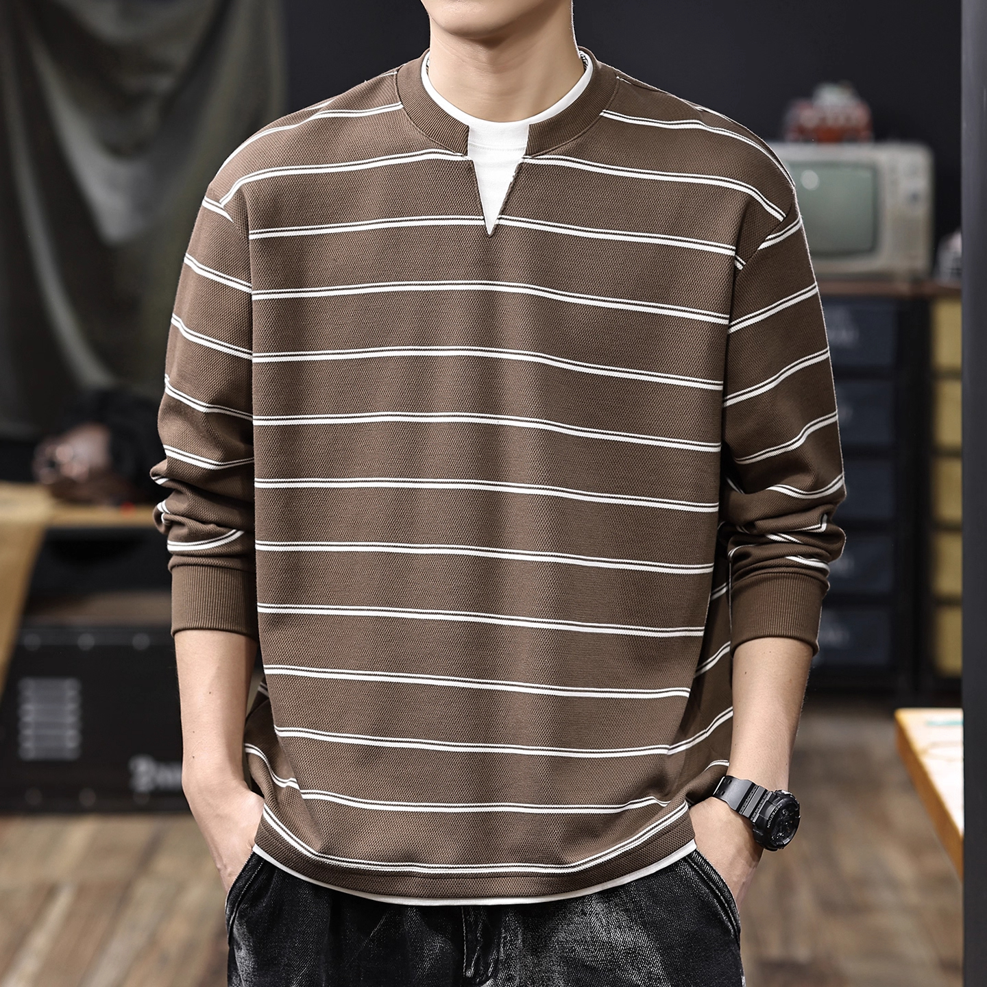 美式复古V领假两件条纹卫衣男秋季新款潮牌宽松休闲长袖T恤打底衫