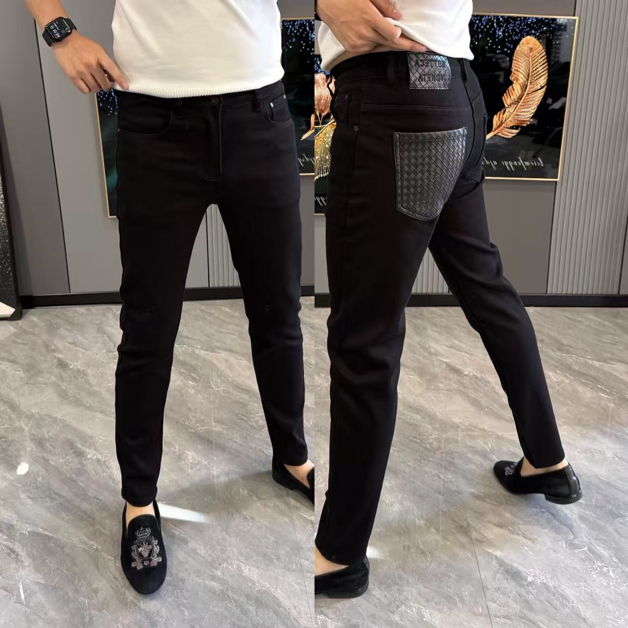 男裤个性拼皮牛仔裤男款简约小脚裤修身显瘦长裤男士秋冬款裤子