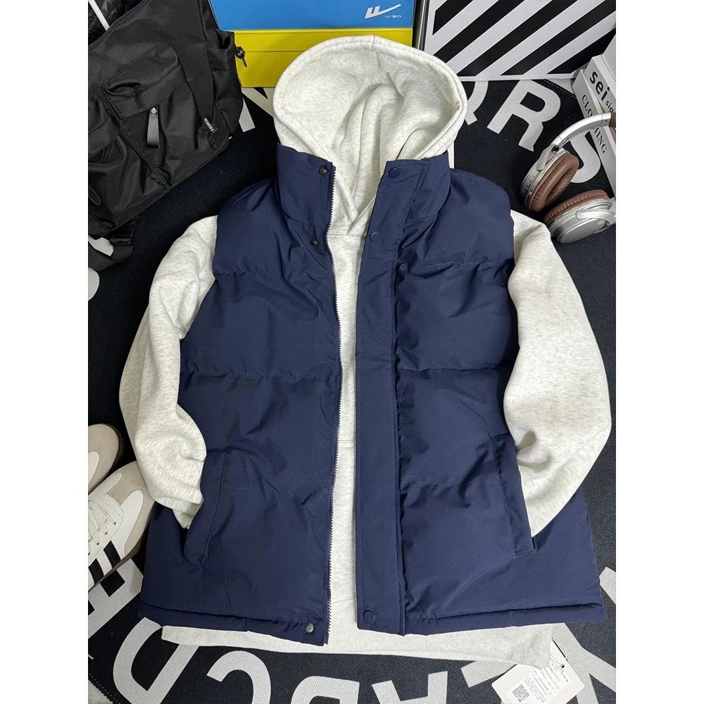藏蓝色美式加厚马甲男款秋冬叠穿无袖外穿坎肩背心青少年棉服外套