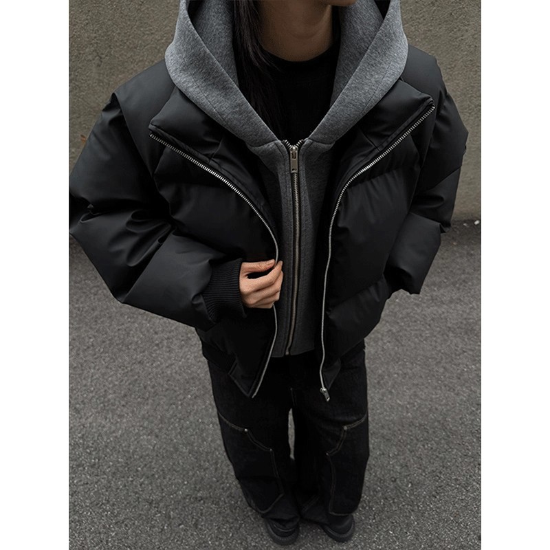 PU皮假两件连帽夹克棉服男冬季加厚保暖棉衣外套美式短款廓形棉袄