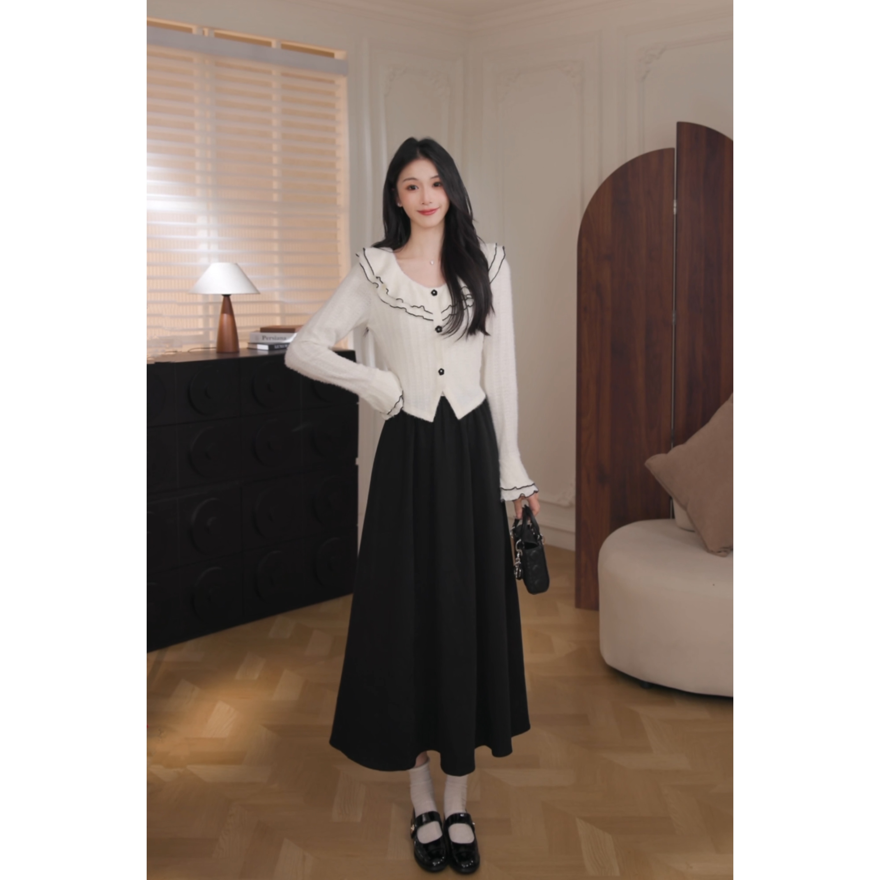 鹿向南【温柔海岸】2025年秋季新款假两件连衣裙QJD00626