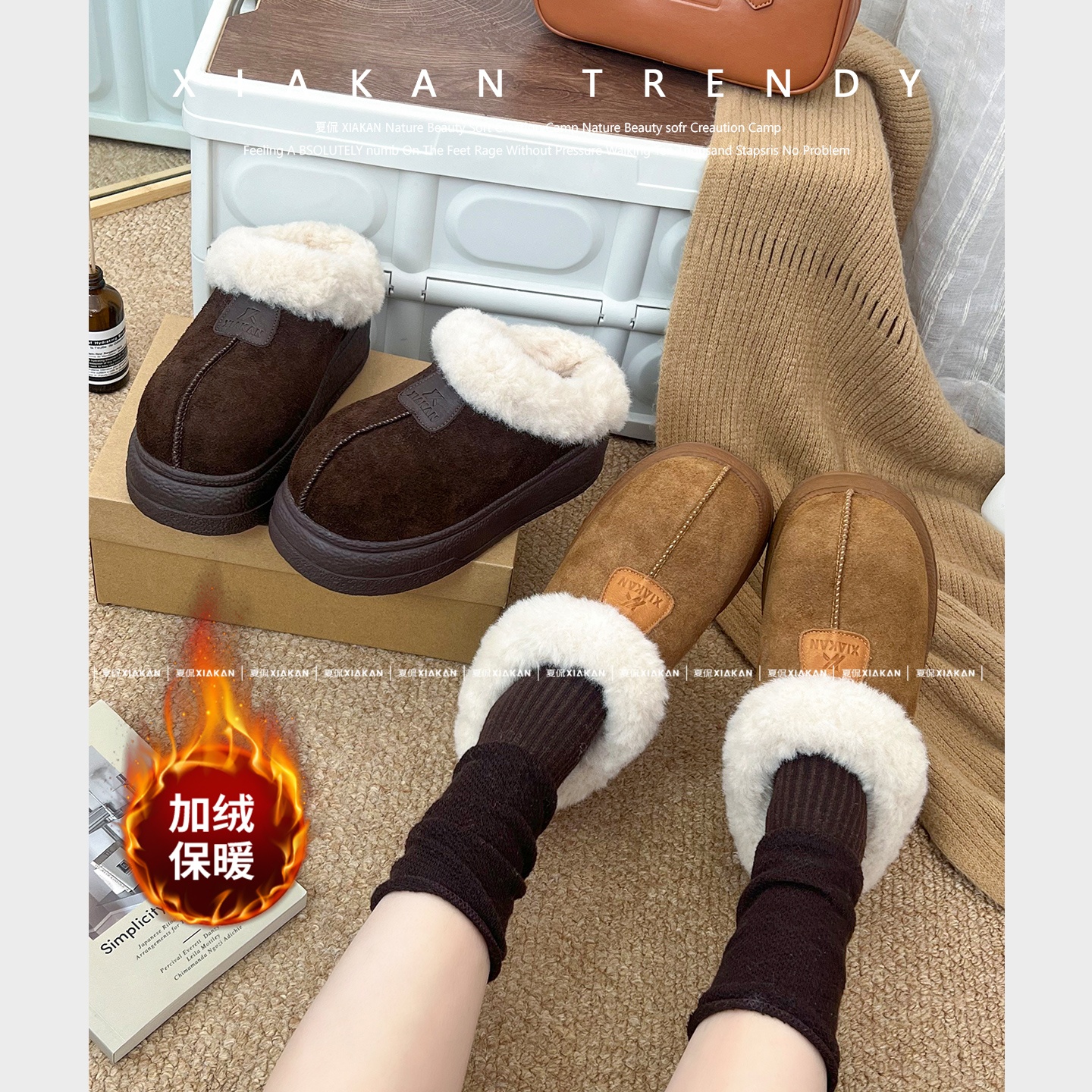 现货！ 赫本萌豚~欧若风加绒棉拖鞋包头拖女冬雪地靴6cm