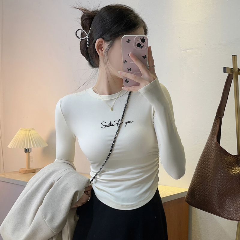 春秋米白新款显瘦正肩打底长袖女设计感字母印花韩版小圆领上衣