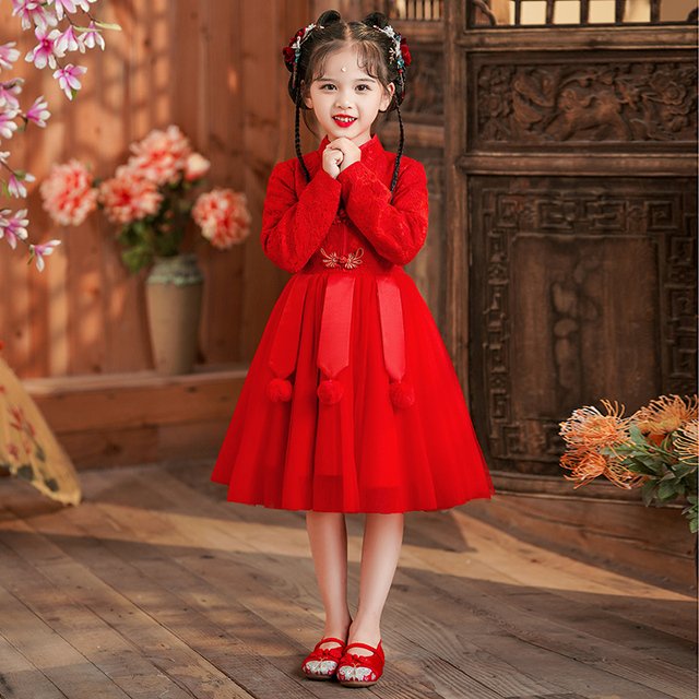 女童连衣裙汉服秋冬新款中国风唐装拜年服儿童公主裙小女孩演出服