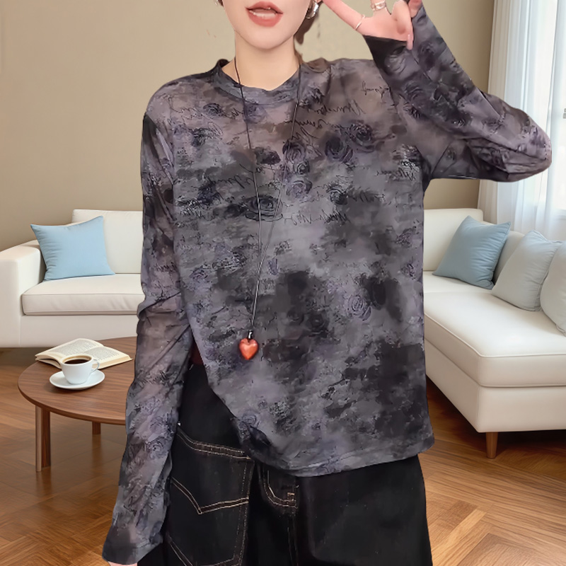 早秋气质外穿长袖打底T恤女修身显瘦设计感玫瑰花纱扎染网纱上衣