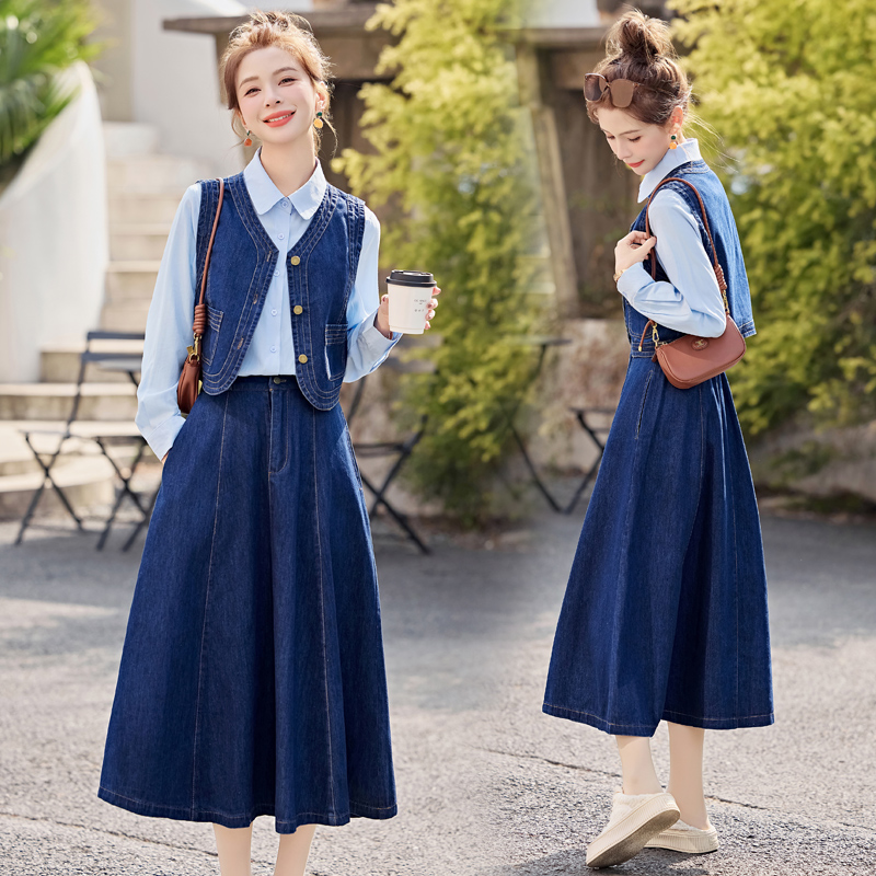 法式气质衬衫马甲牛仔套装女2025春秋新款高级感气质半身裙三件套